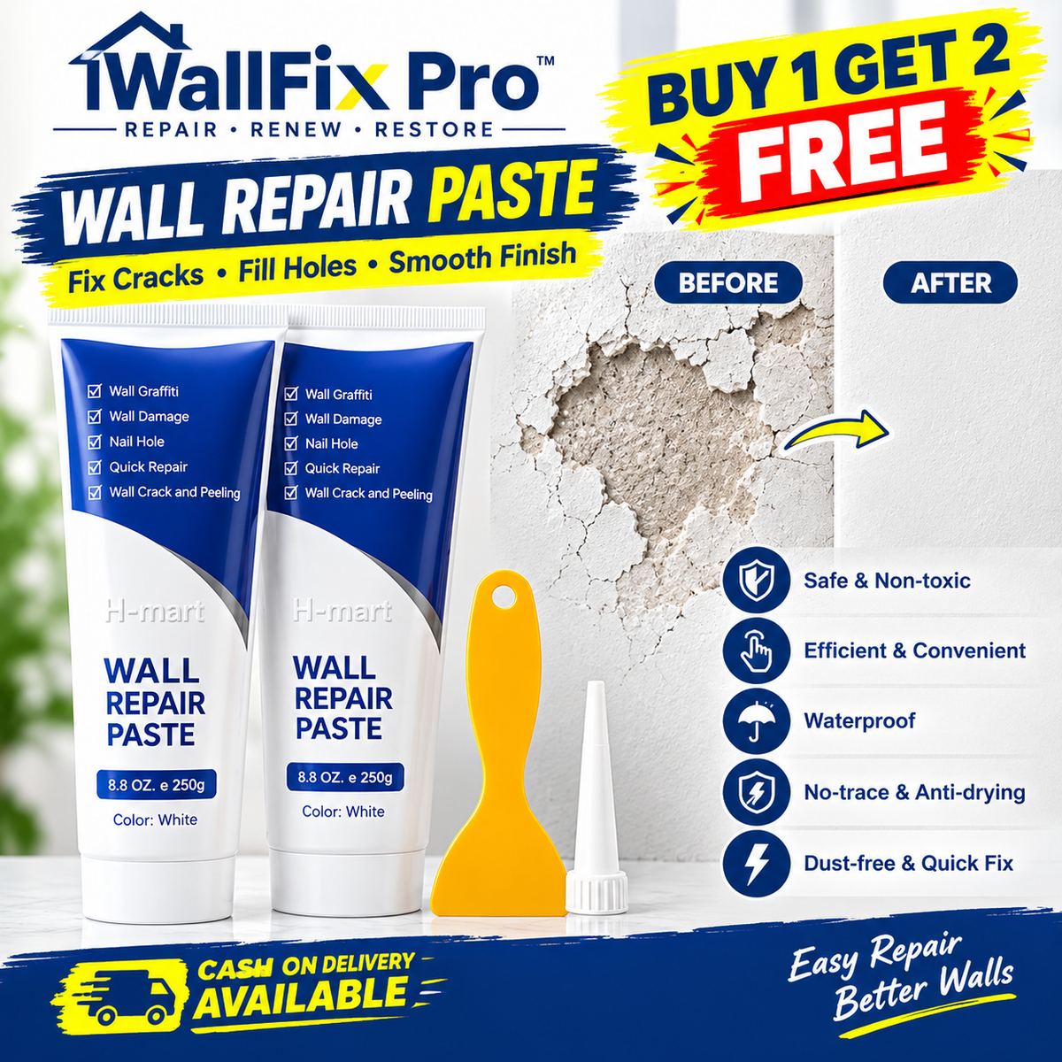 🔥 WALLFIX PRO™ | Premium Instant Wall Repair Paste 🏠
🎁 BUY 1 GET 2 FREE
💰 CASH ON DELIVERY AVAILABLE
✨