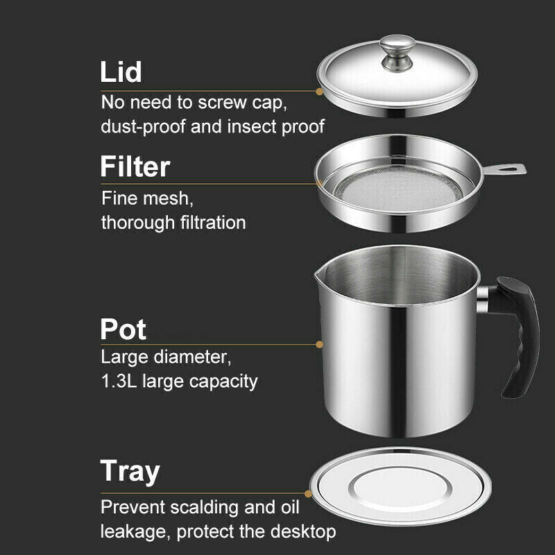 KitchenKraft™ 304 Stainless Steel Oil Filter Pot – 1.3L