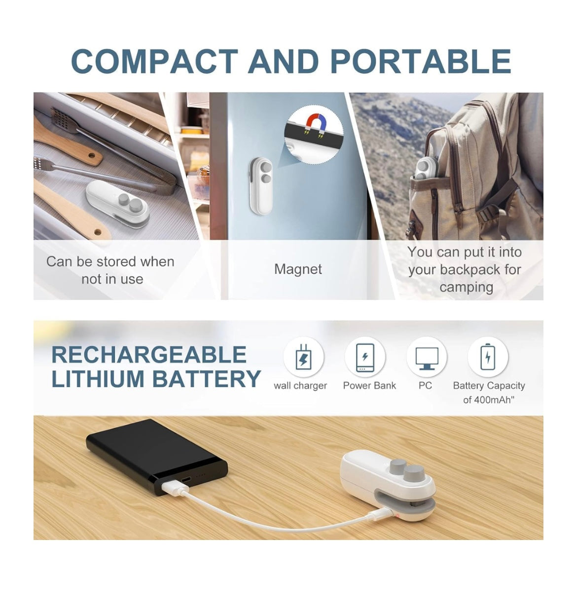 Portable Mini Sealing Machine 2 in 1 USB Rechargeable Magnetic Bag Sealer Heat Seal with Cutter