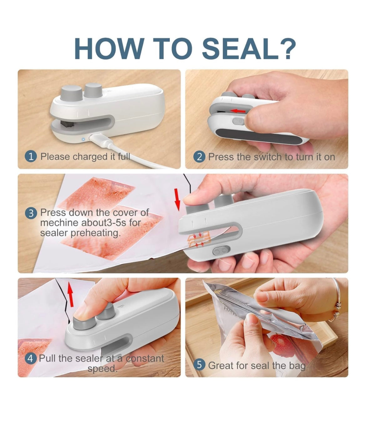 Portable Mini Sealing Machine 2 in 1 USB Rechargeable Magnetic Bag Sealer Heat Seal with Cutter