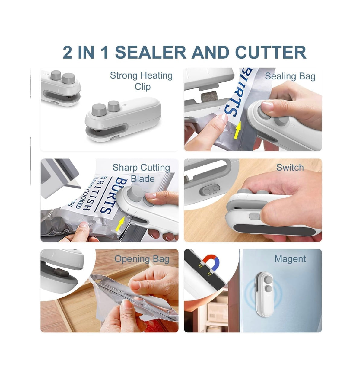 Portable Mini Sealing Machine 2 in 1 USB Rechargeable Magnetic Bag Sealer Heat Seal with Cutter