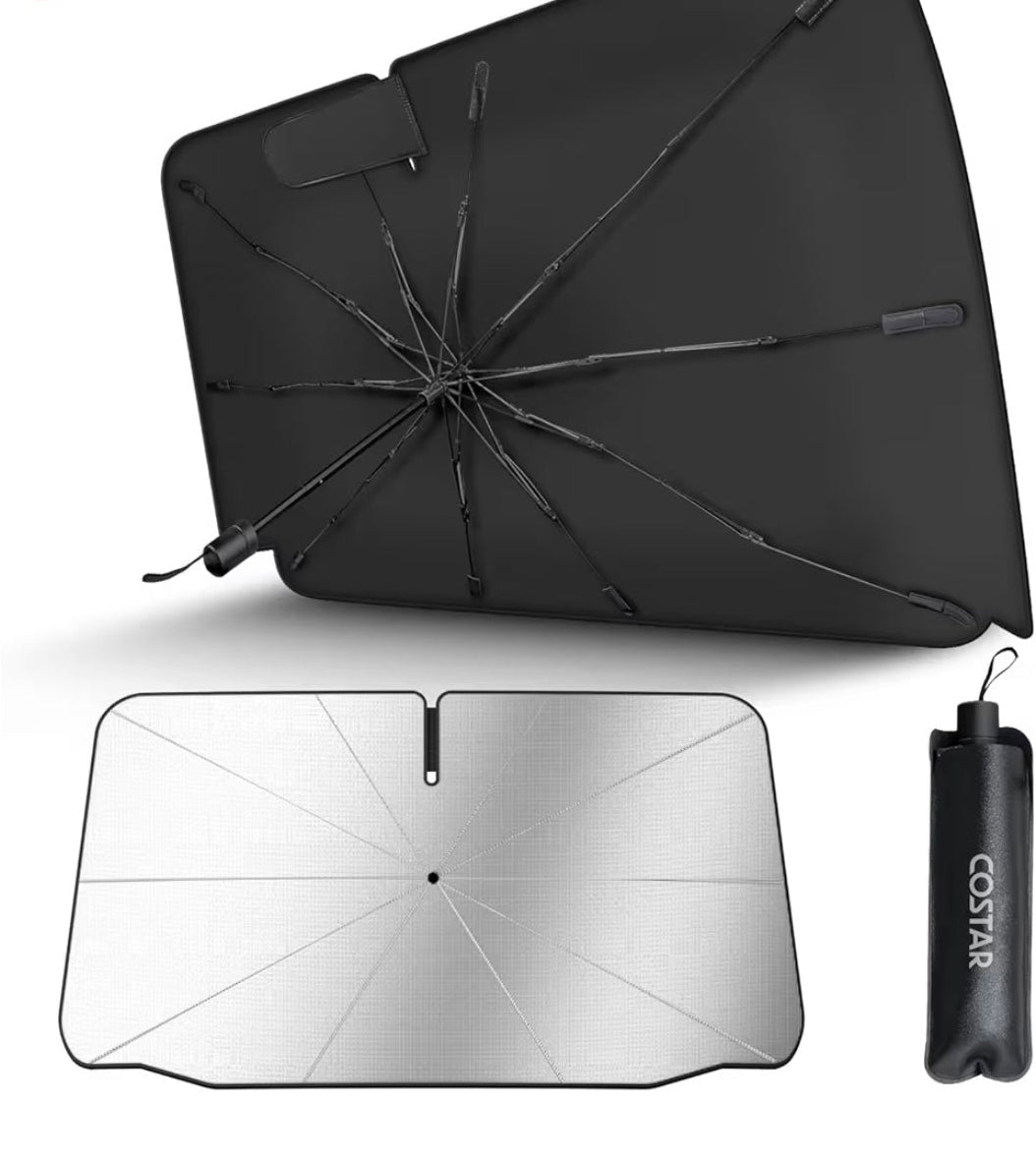Windshield Sun Shade Umbrella - [Dot-Patterned Silver Reflective Shield] | Anti-Crease, Blocks Heat & UV | Fiberglass Umbrella Ribs |