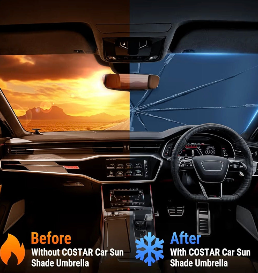Windshield Sun Shade Umbrella - [Dot-Patterned Silver Reflective Shield] | Anti-Crease, Blocks Heat & UV | Fiberglass Umbrella Ribs |