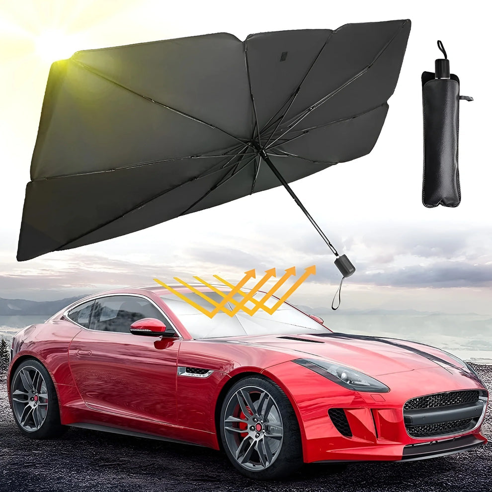 Windshield Sun Shade Umbrella - [Dot-Patterned Silver Reflective Shield] | Anti-Crease, Blocks Heat & UV | Fiberglass Umbrella Ribs |