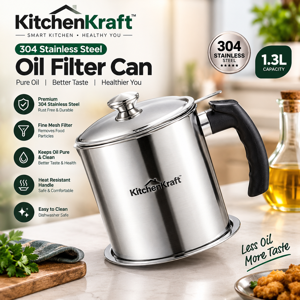 KitchenKraft™ 304 Stainless Steel Oil Filter Pot – 1.3L