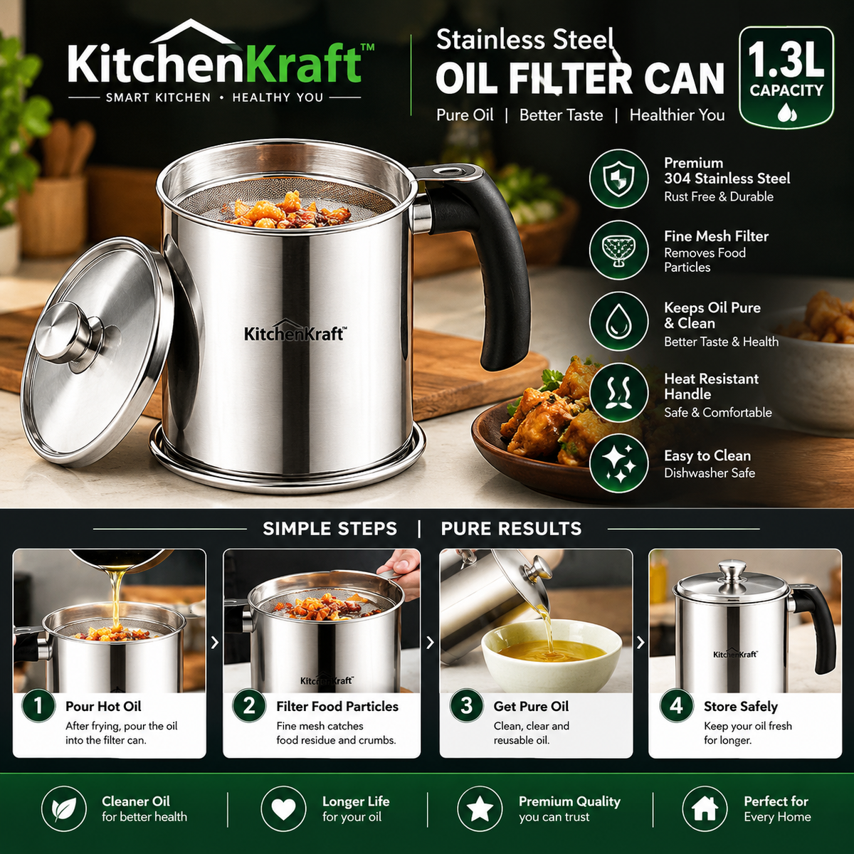 KitchenKraft™ 304 Stainless Steel Oil Filter Pot – 1.3L