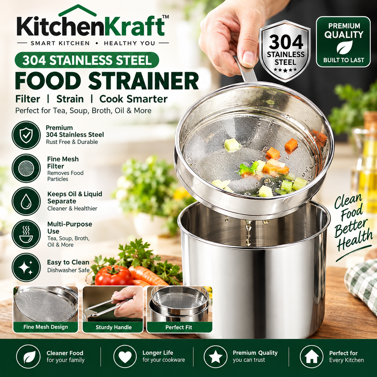 KitchenKraft™ 304 Stainless Steel Oil Filter Pot – 1.3L
