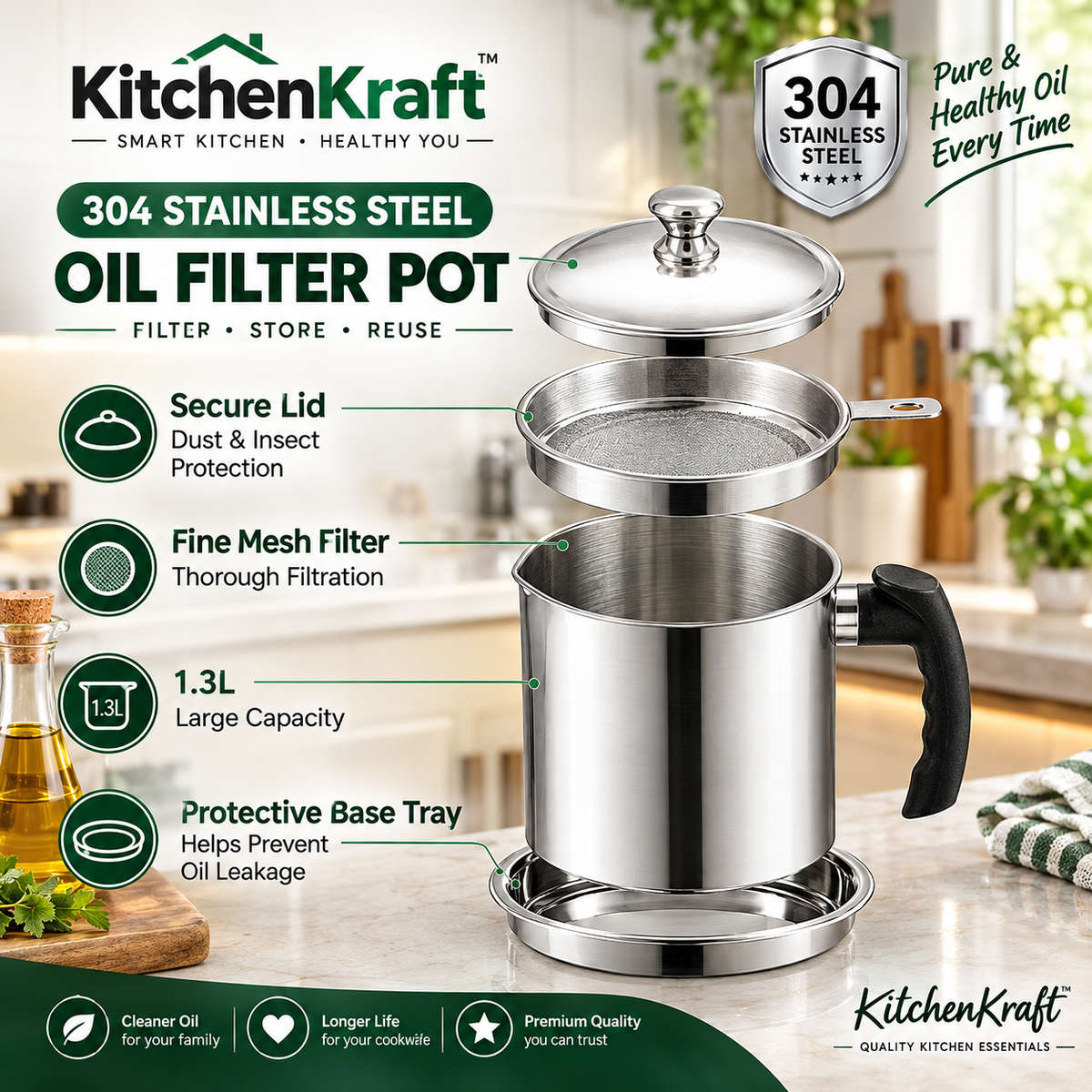 KitchenKraft™ 304 Stainless Steel Oil Filter Pot – 1.3L