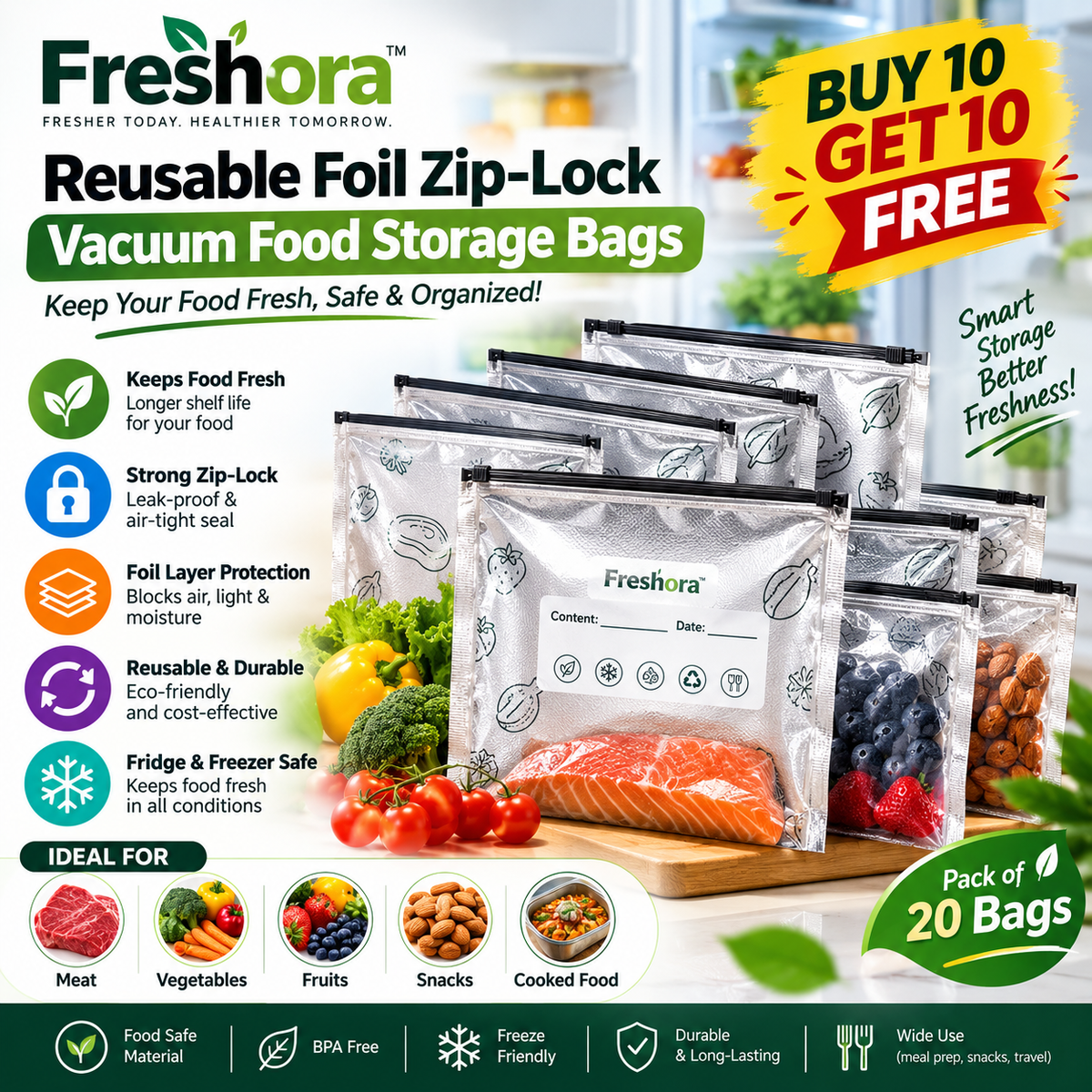 Freshora™ Reusable Foil Zip-Lock Vacuum Food Storage Bags – BUY 10 GET 10 FREE